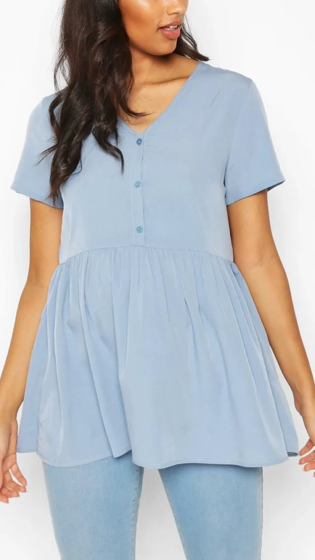 Pale Blue Maternity Button Front Woven Smock Top