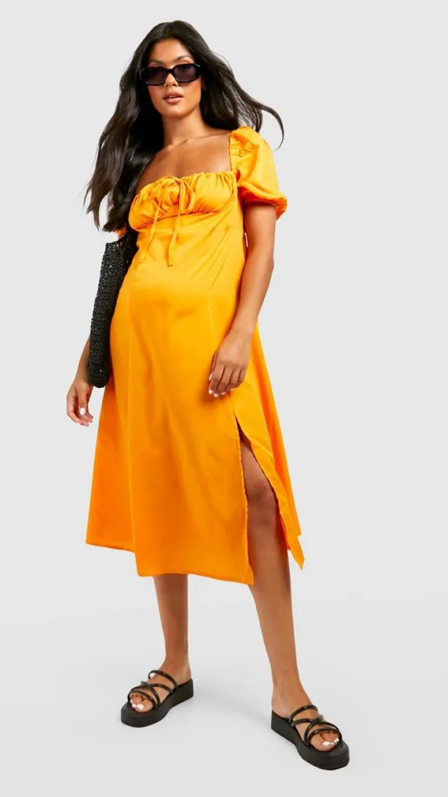 Pale Orange Maternity Puff Sleeve Midi Dress