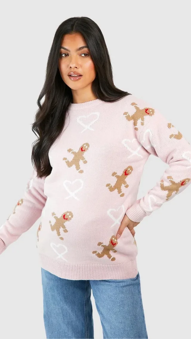 Pink Maternity Candy Gingerbread Christmas Sweater