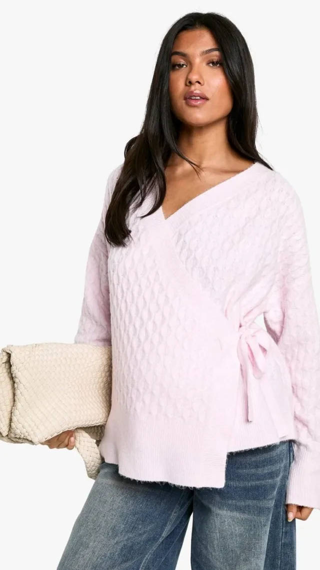 Pink Maternity Soft Cable Knitted Wrap Cardigan