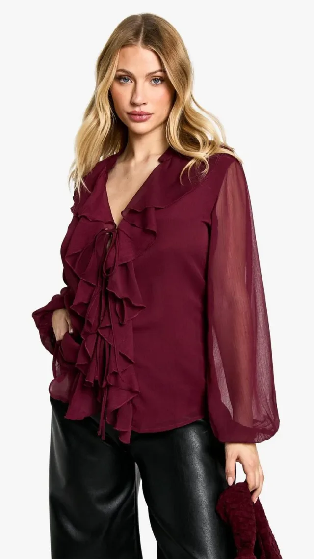 Plum Maternity Tie Front Longline Frill Detail Blouse