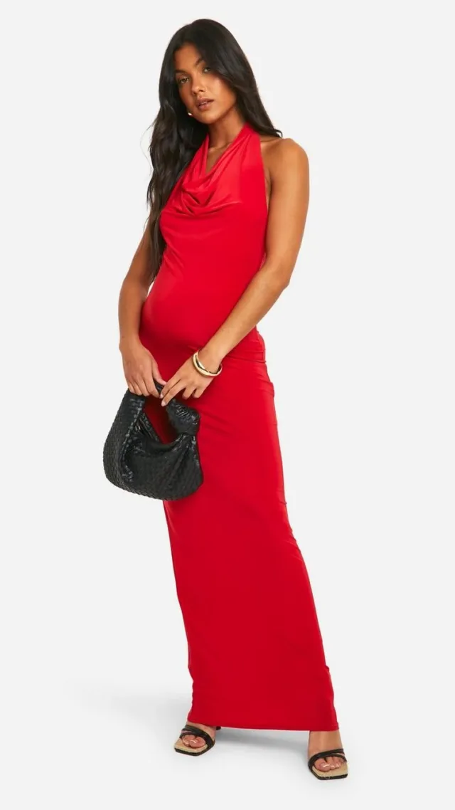 Red Maternity Slinky Halter Cowl Maxi Dress