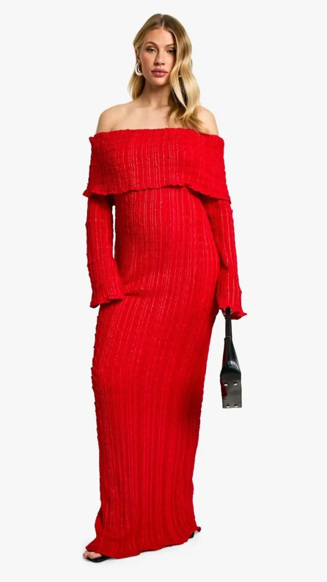 Red Maternity Textured Crinkle Bardot Long Sleeve Maxi Dress