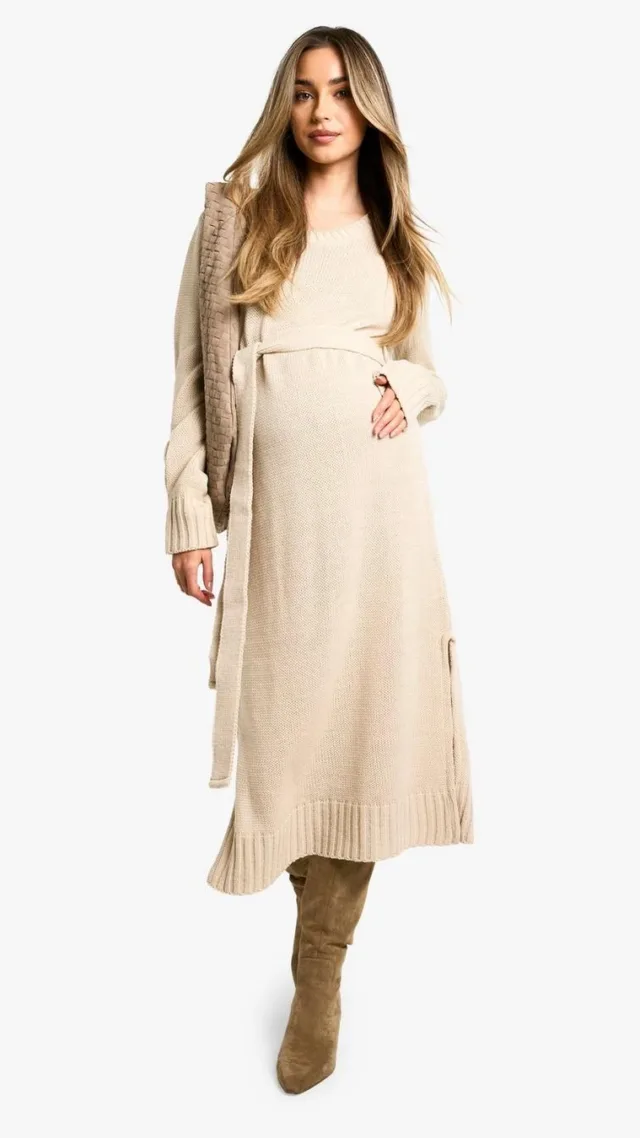 Stone Maternity Crew Neck Jumper Midi Dress