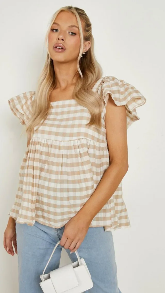 Stone Maternity Gingham Frill Sleeve Smock Top