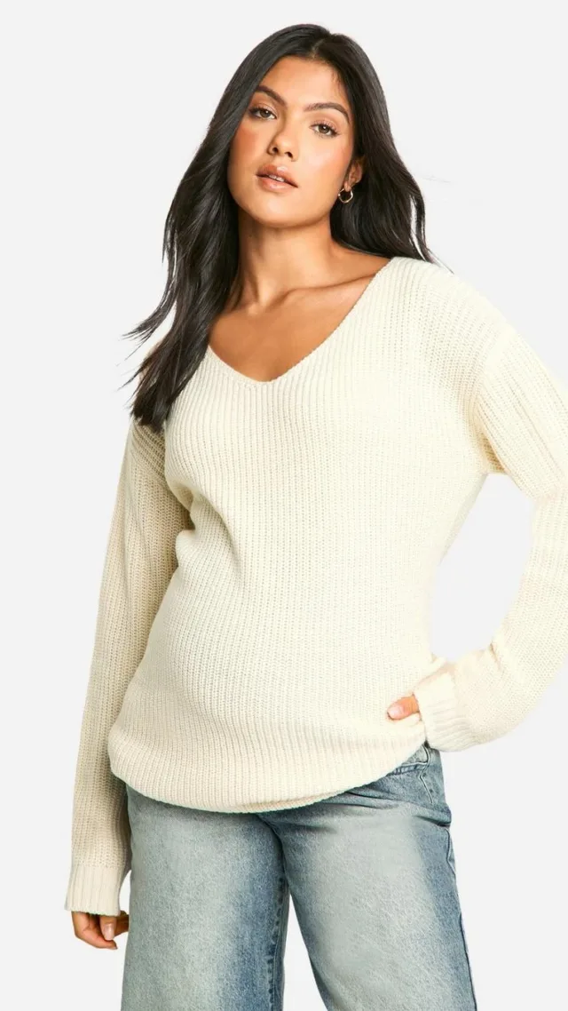 Stone Maternity Knitted V Neck Jumper