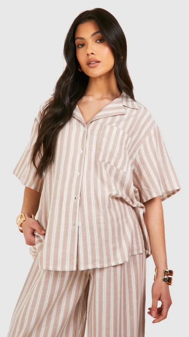 Stone Maternity Linen Look Stripe Short Sleeve Shirt