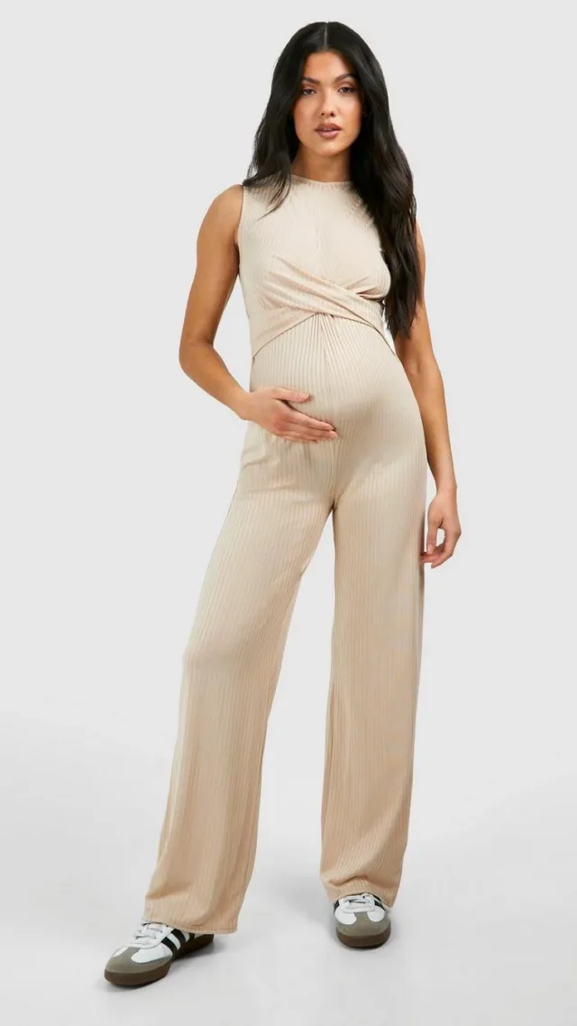 Stone Maternity Rib Sleeveless Knot Detail Lounge Jumpsuit