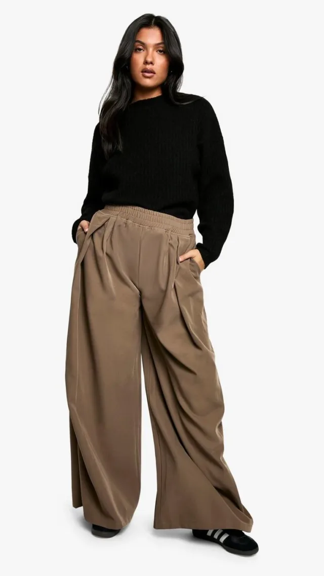 Taupe Maternity Elasticated Waist Woven Relaxed Pleat Wide Leg Trouser