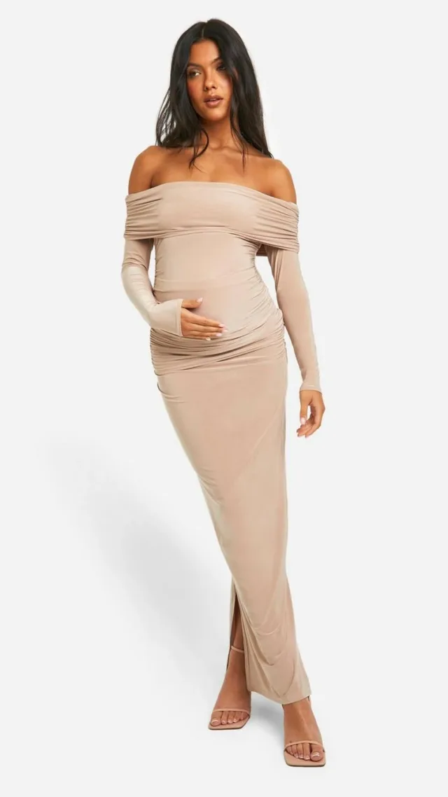 Taupe Maternity Slinky Ruched Top And Skirt Co-Ord