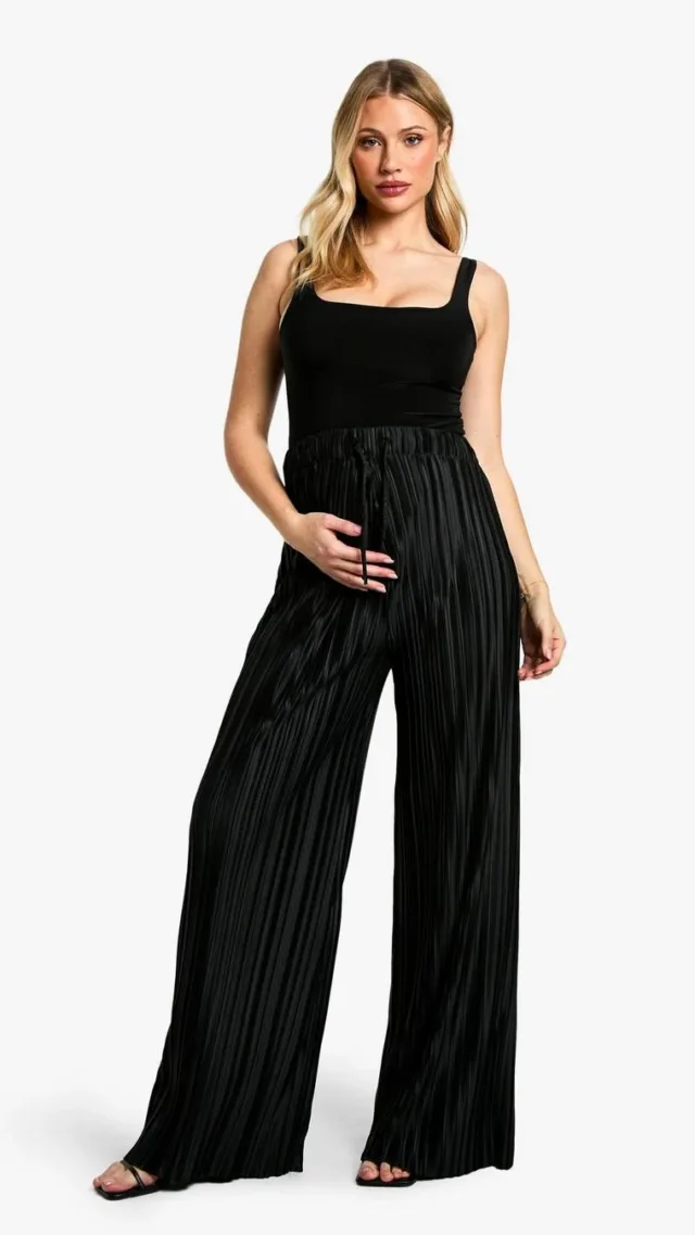 True Black Maternity Wide Plisse Elasticated Waist Drawstring Wide Leg Trouser