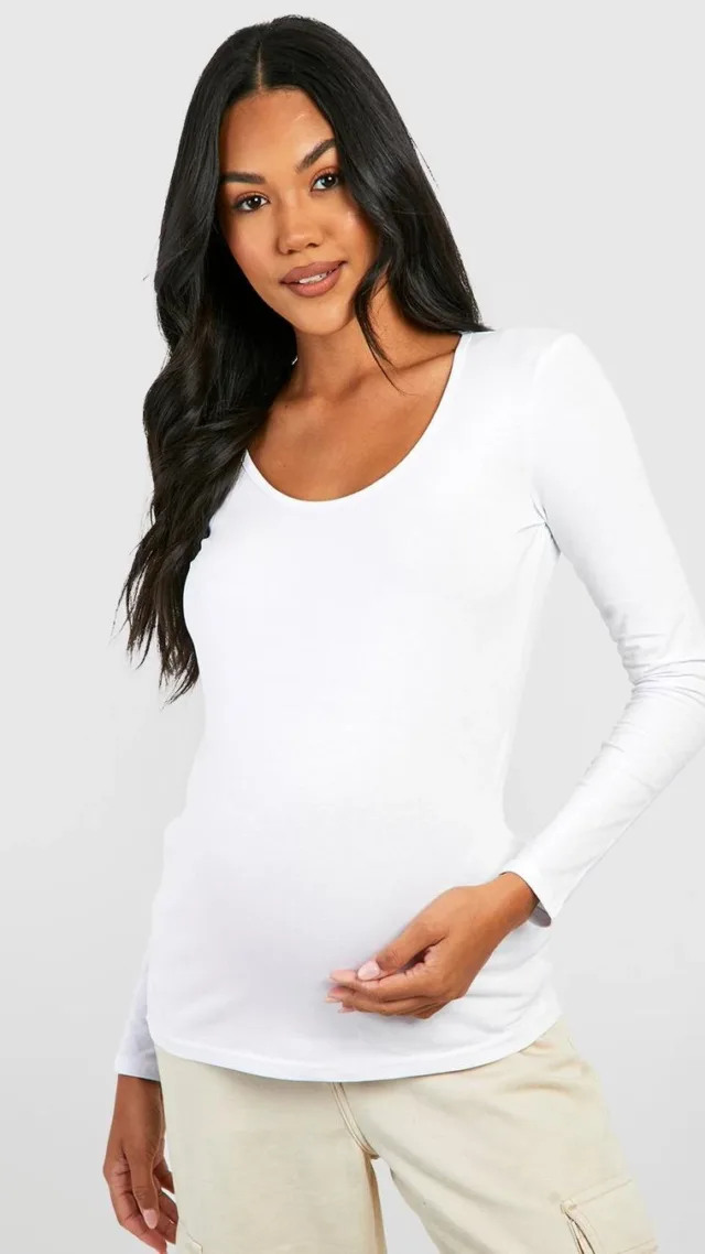 White Maternity Basic Long Sleeve Scoop Neck Top