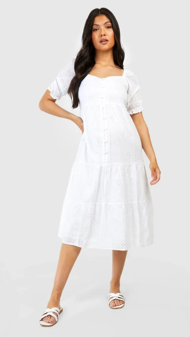 White Maternity Eyelet Button Front Midi Dress