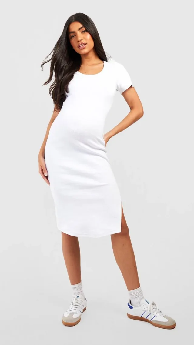 White Maternity Premium Rib T-Shirt Split Midi Dress