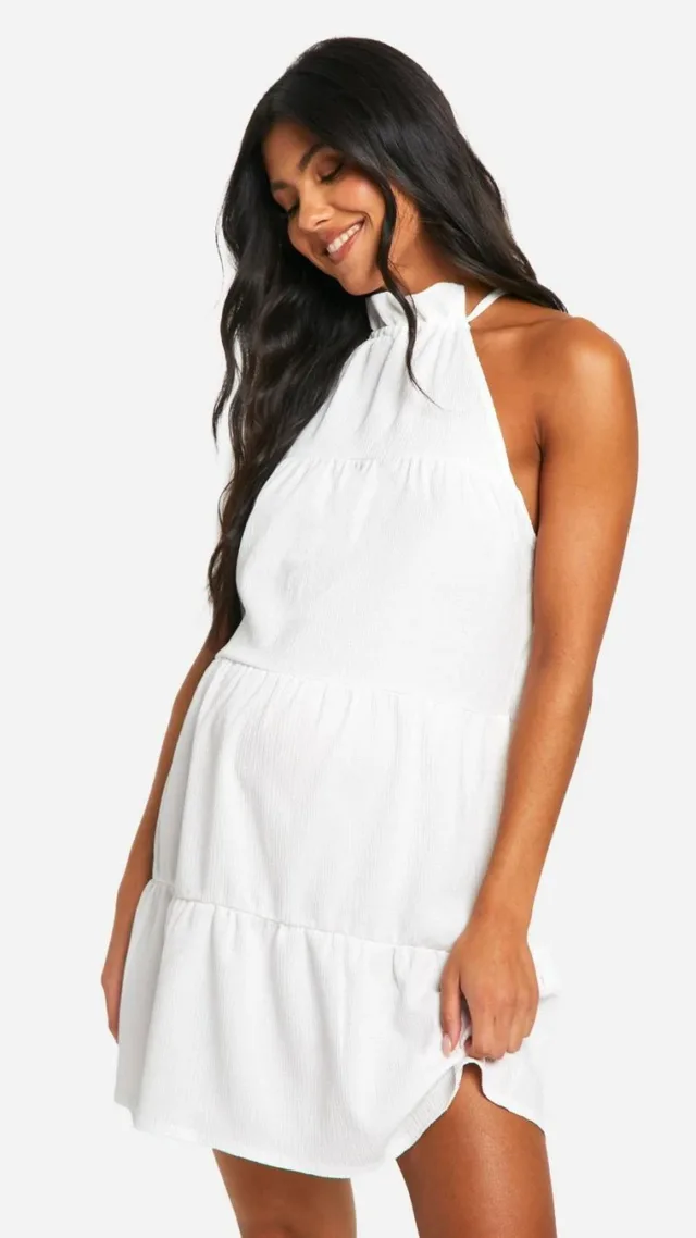 White Maternity Textured High Neck Cami Smock Dress