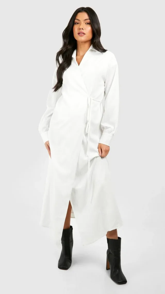 White Maternity Wrapover Textured Midi Dress