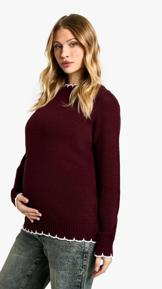 Wine Maternity Knitted Contrast Stitch Jumper