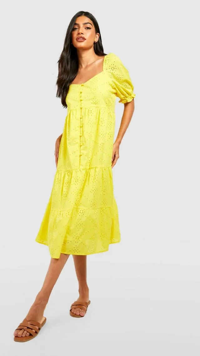 Yellow Maternity Eyelet Button Front Midi Dress