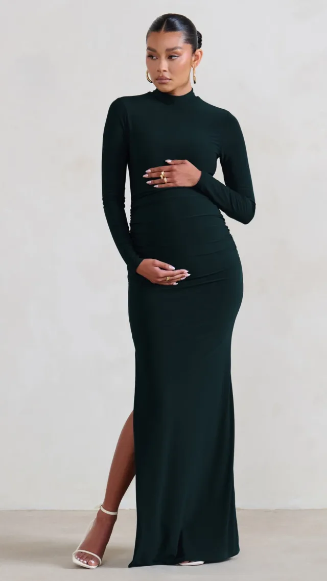 Black Maternity Long Sleeve High Neck Maxi Dress