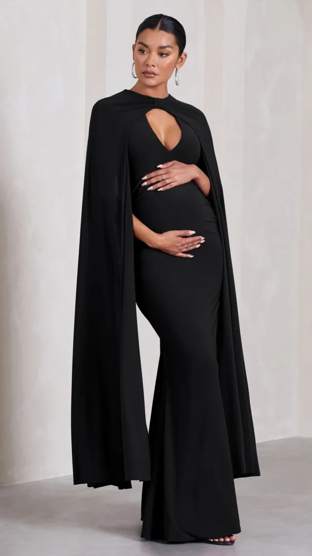 Black Plunge-Neck Cape Maternity Maxi Dress