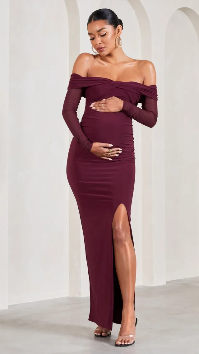 Burgundy Bardot Long-Sleeved Maternity Maxi Dress