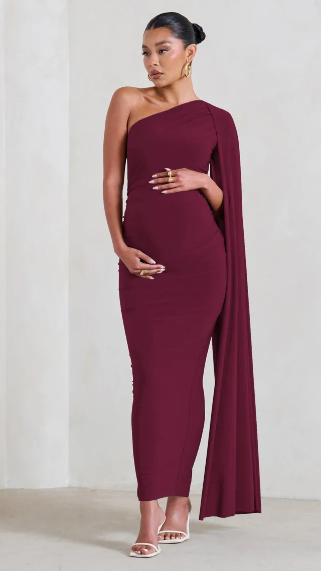 Burgundy Maternity One Shoulder Maxi Dress With Cape Sleeve