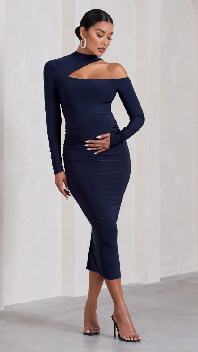 Navy Asymmetric High-Neck Cut-Out Maternity Midi Dress