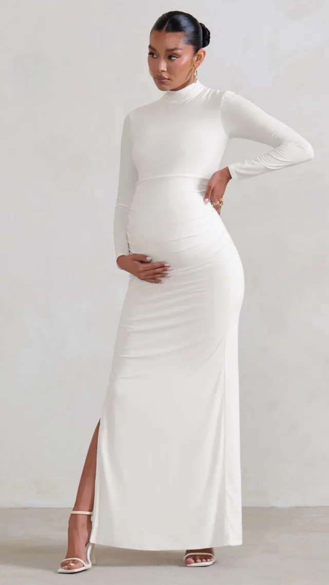 White Maternity Long Sleeve High Neck Maxi Dress