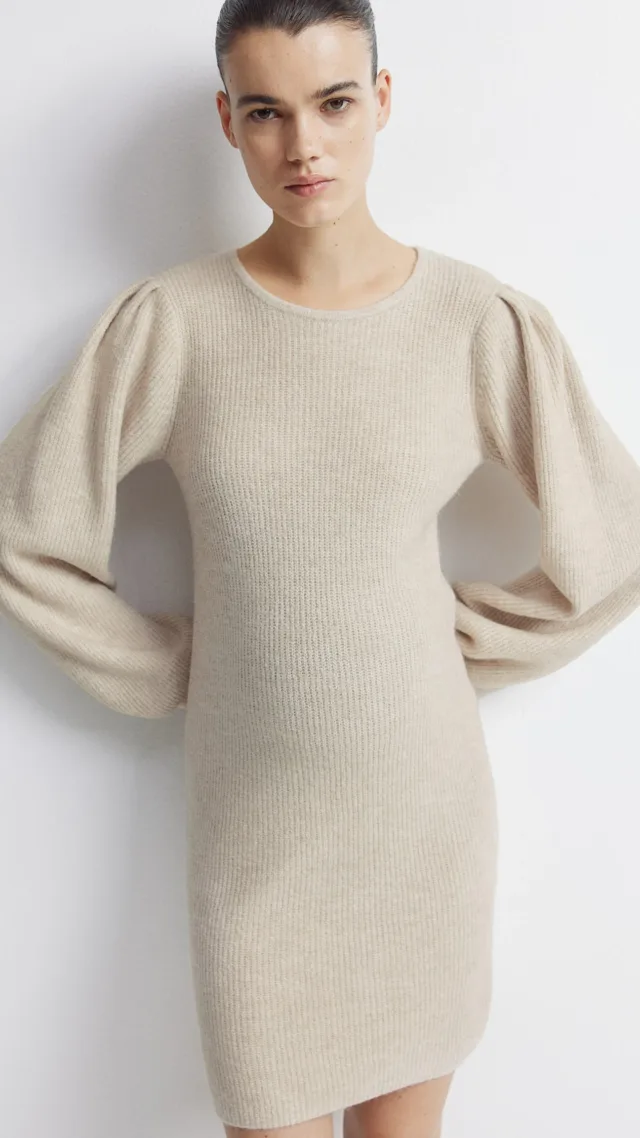 Mama Balloon-Sleeved Rib-Knit Dress