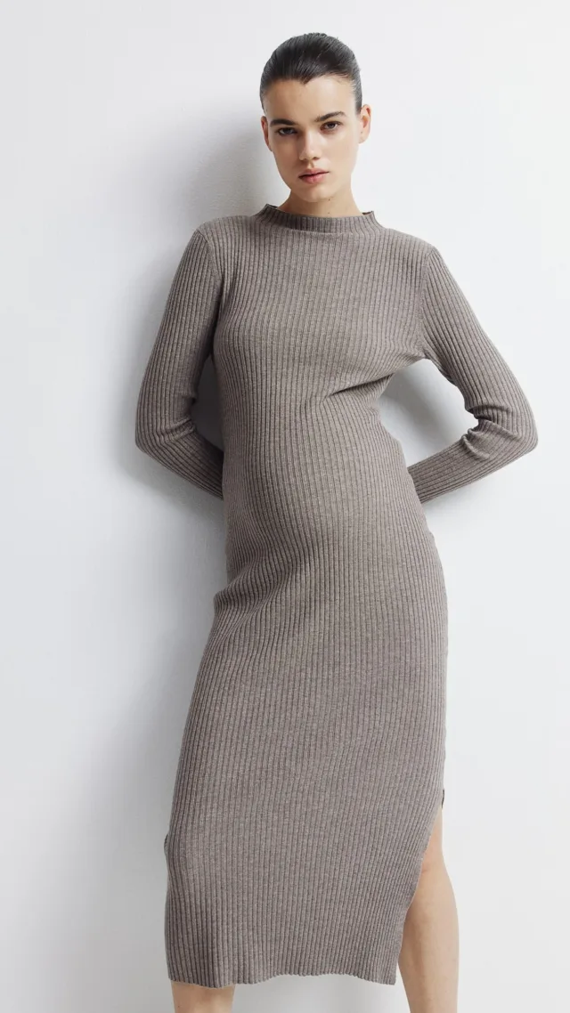 Mama Rib-Knit Mock Turtleneck Dress