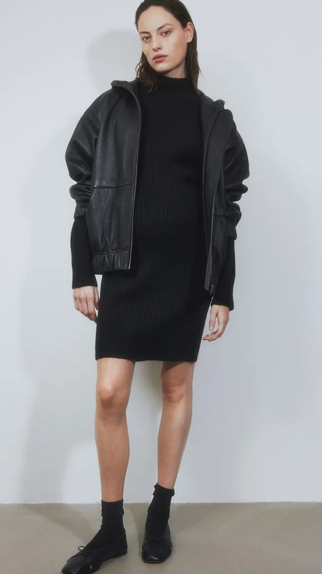 Mama Rib-Knit Mock Turtleneck Dress