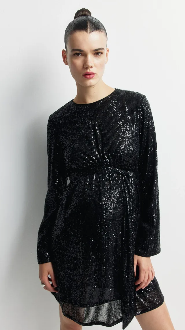 Mama Sequined Tie-Belt Dress