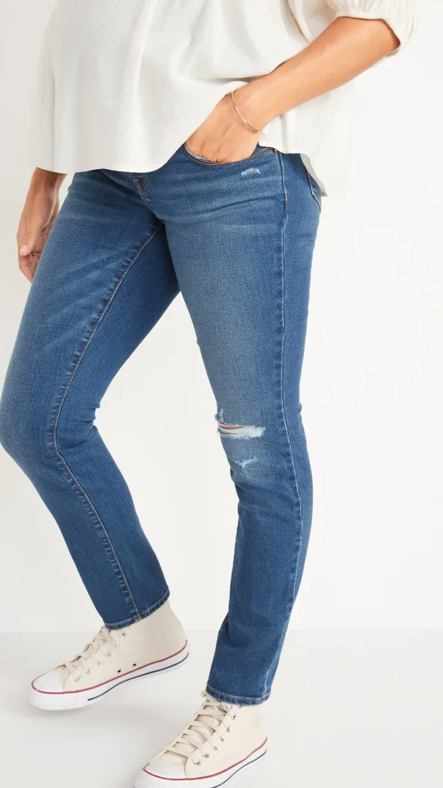 Maternity Front-Low Panel Distressed Skinny Jeans