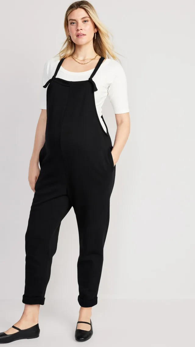 Maternity Knotted-Strap Fleece Overalls