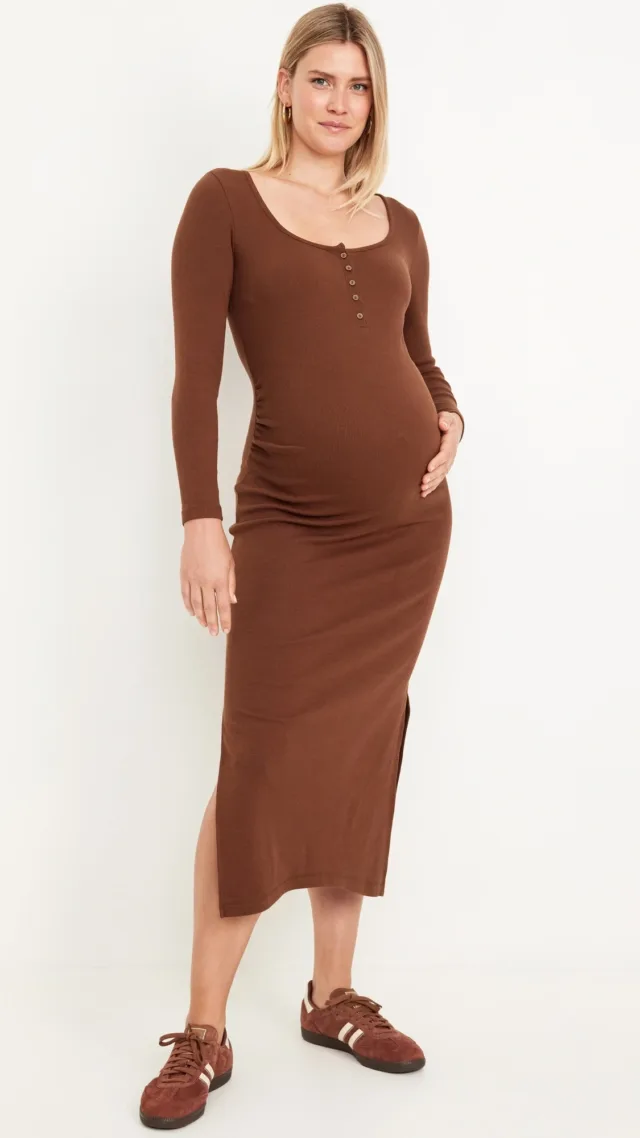 Maternity Long Sleeve Henley Midi Dress