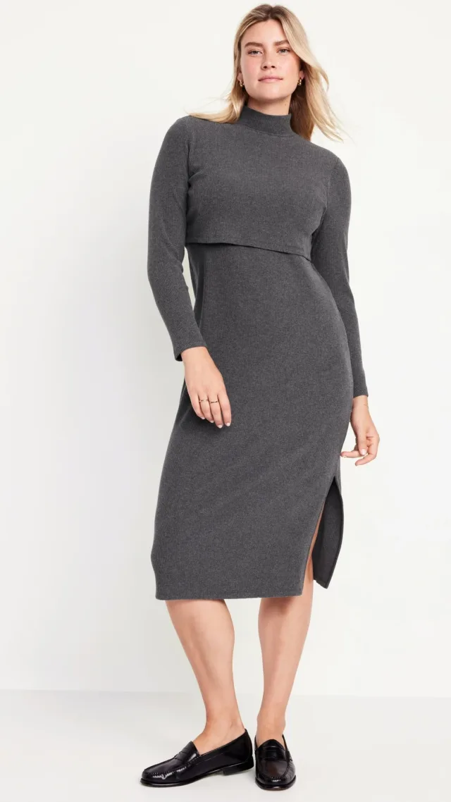 Maternity Mock Neck Double Layer Nursing Midi Dress