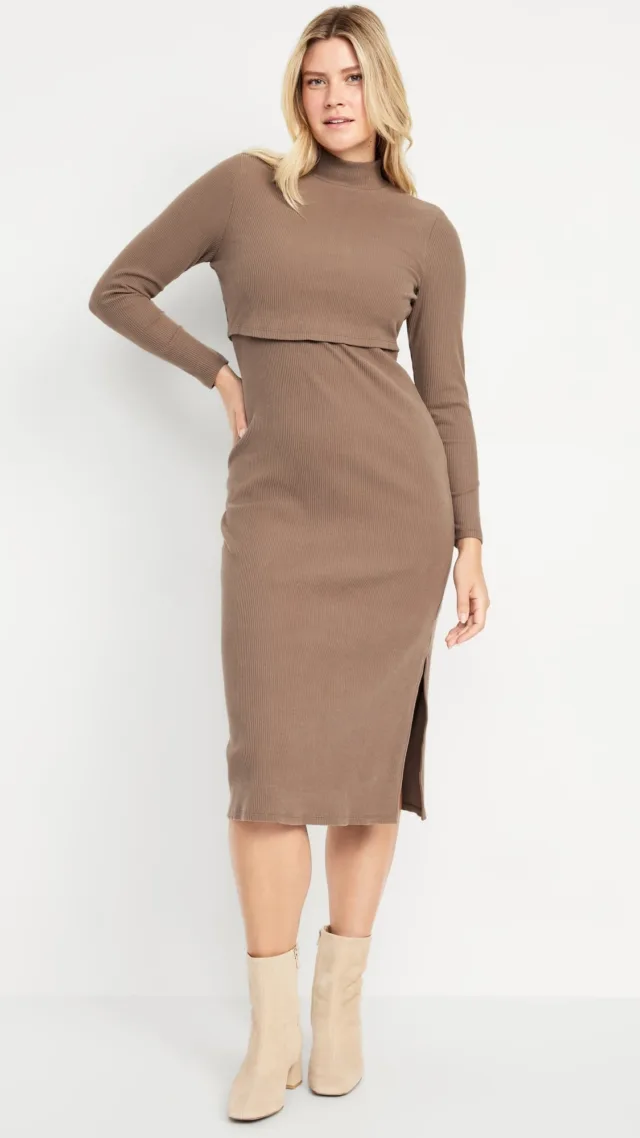 Maternity Mock-Neck Nursing Midi Dress