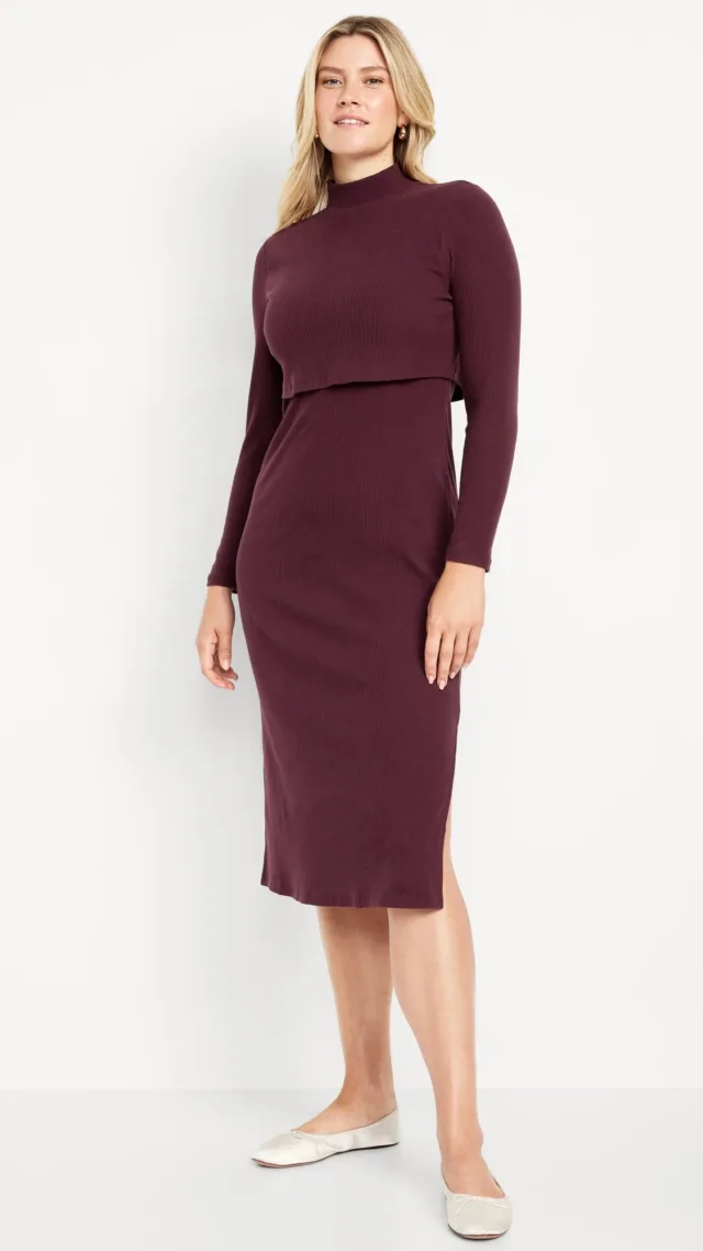 Maternity Mock-Neck Nursing Midi Dress