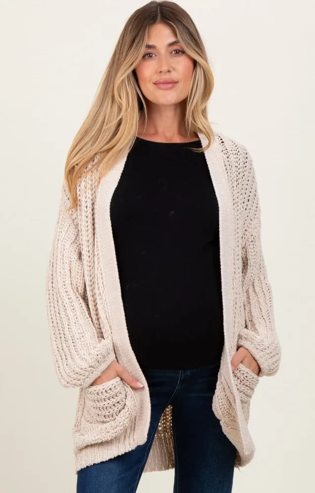 Beige Chunky Knit Oversized Maternity Pocket Cardigan