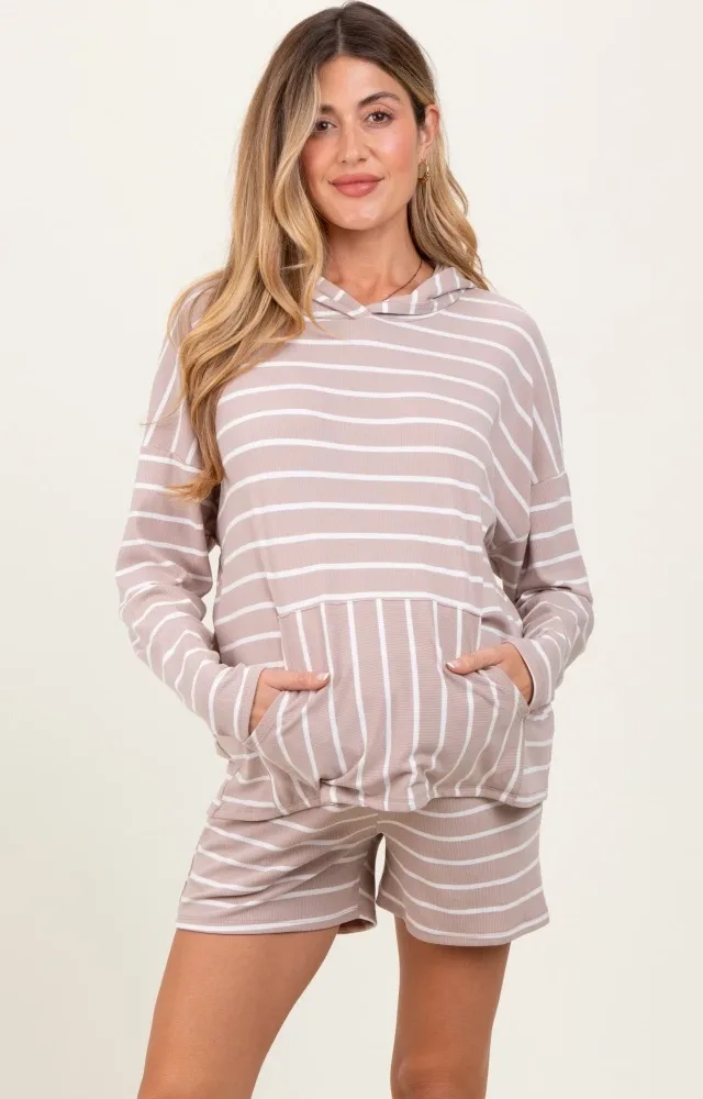 Beige Cozy Striped Ribbed Two-Piece Maternity Lounge Set