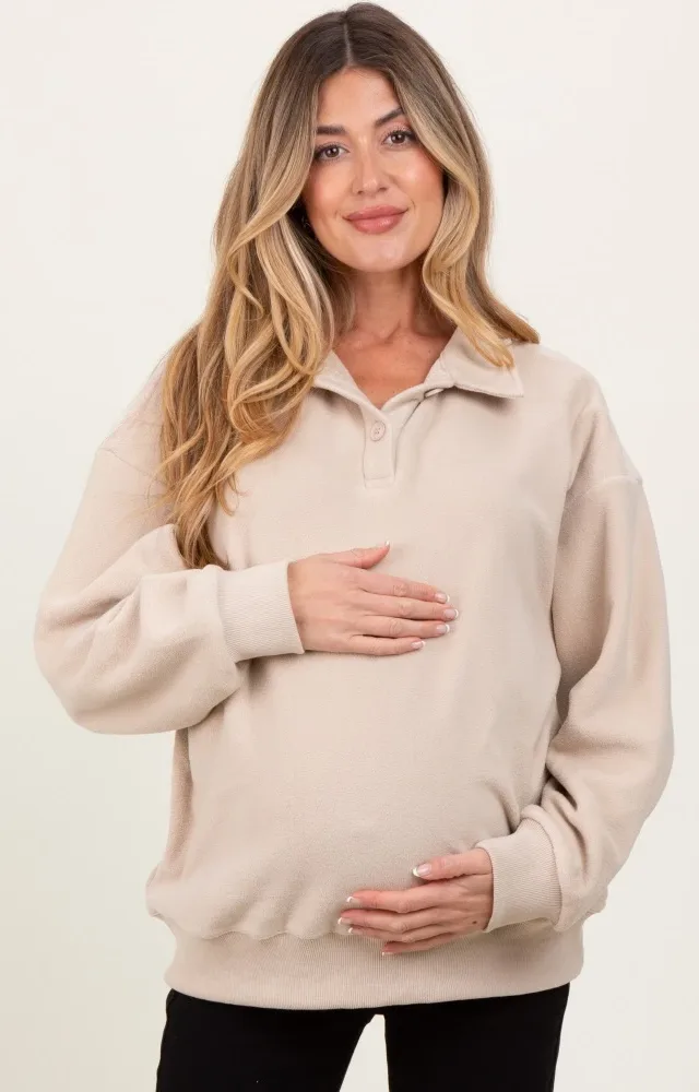 Beige Fleece Collared Button Up Maternity Pullover