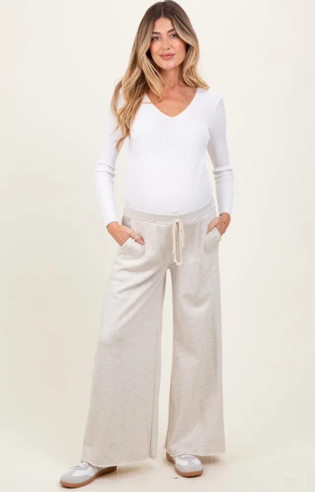 Beige French Terry Raw Edge Maternity Wide Leg Pants