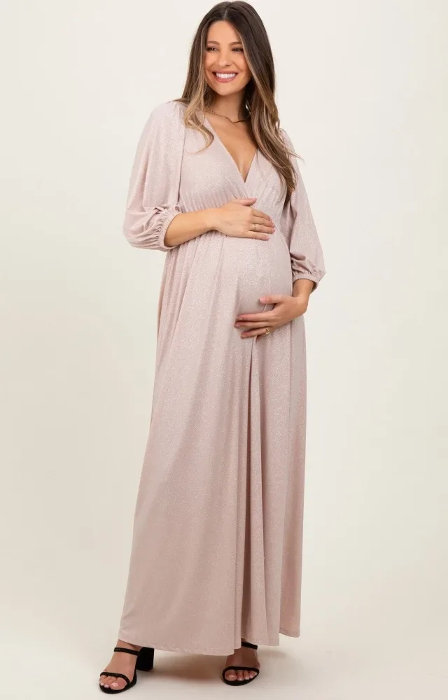 Beige Glitter V-Neck Maternity Maxi Dress