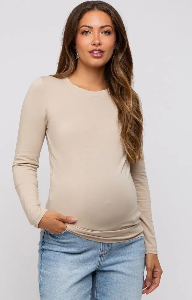 Beige Long Sleeve Maternity Top