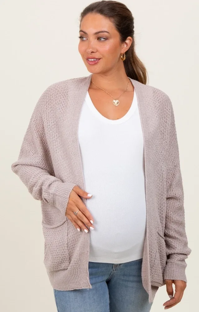 Beige Pocketed Open Maternity Cardigan