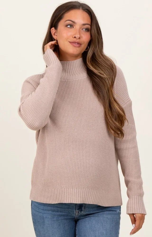 Beige Relaxed Mock Neck Maternity Sweater