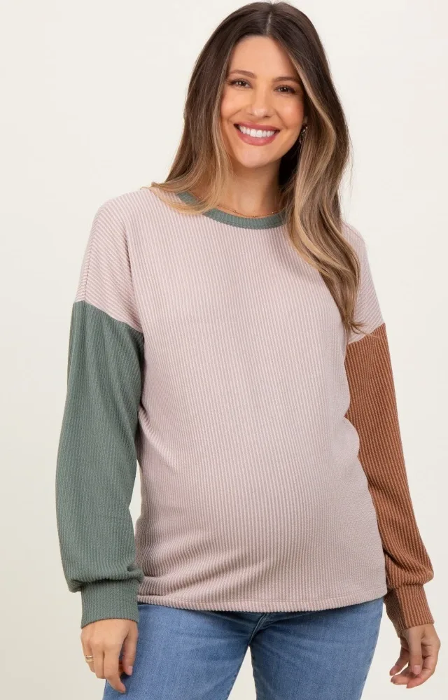 Beige Ribbed Colorblock Sleeve Maternity Long Sleeve Top