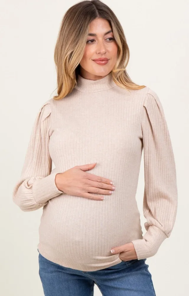 Beige Ribbed Mock Neck Bubble Sleeve Maternity Top