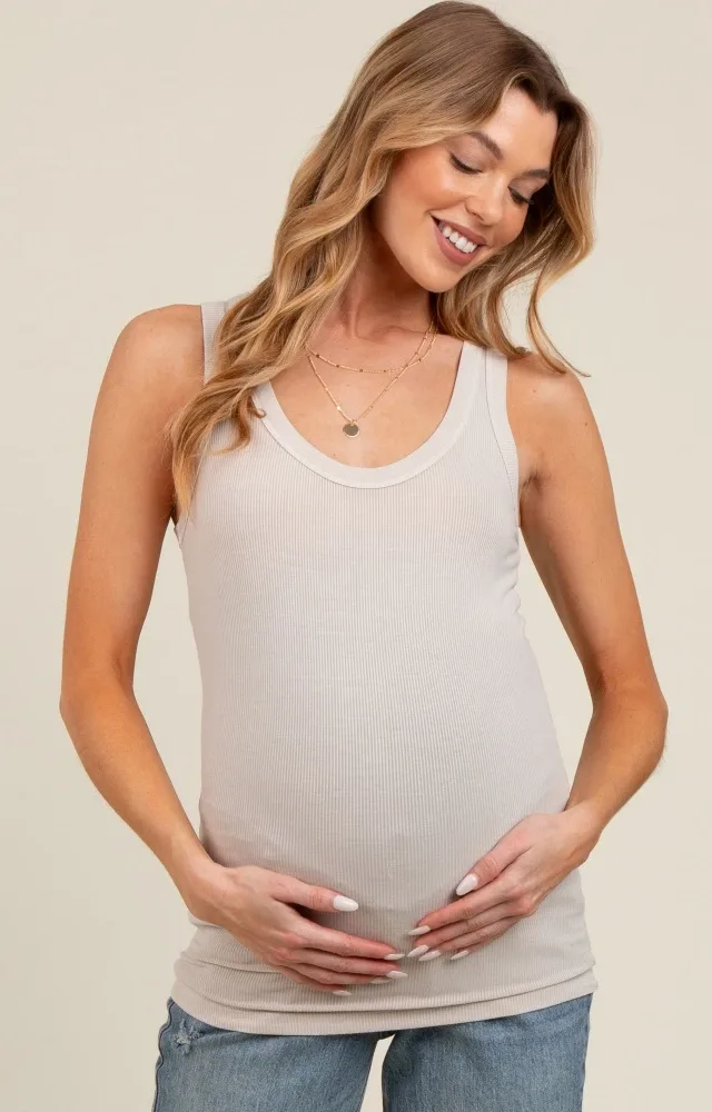 Beige Sleeveless Ribbed Maternity Top