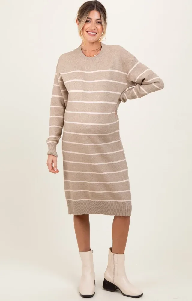 Beige Striped Maternity Midi Sweater Dress